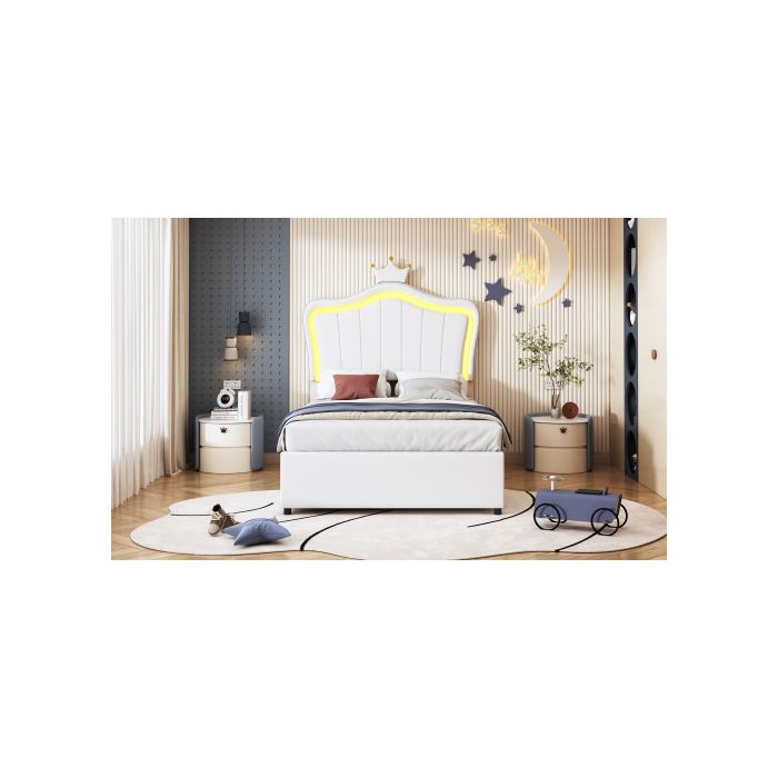 Lit d'enfant - MUVOE - 90x200 cm - Similicuir blanc - Éclairage LED - Rangement hydraulique