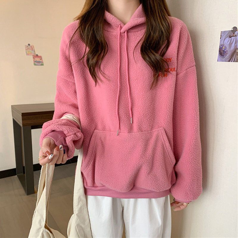 Cross-border real shot hooded fleece thickened 300g lamb fleece furry sweater women's Korean version autumn and winter warm jacket