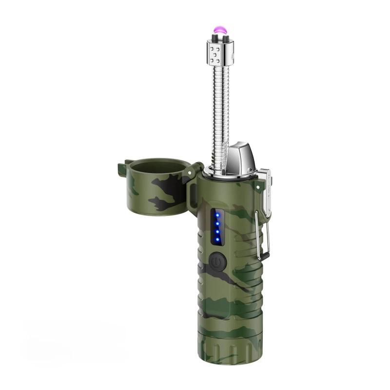 Metal Windproof Waterproof Pulse Dual Arc Type C Rapid Charge Electronic Lighter with Strong Light Flashlight Outdoor Lighters