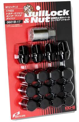 Kyoei Kyoei Sangyo Сумка с гайками-секретками Bull Lock & Nut 17HEX M12XP1.5 для 4H автомобилей, 16 шт., Черный 0601B-17