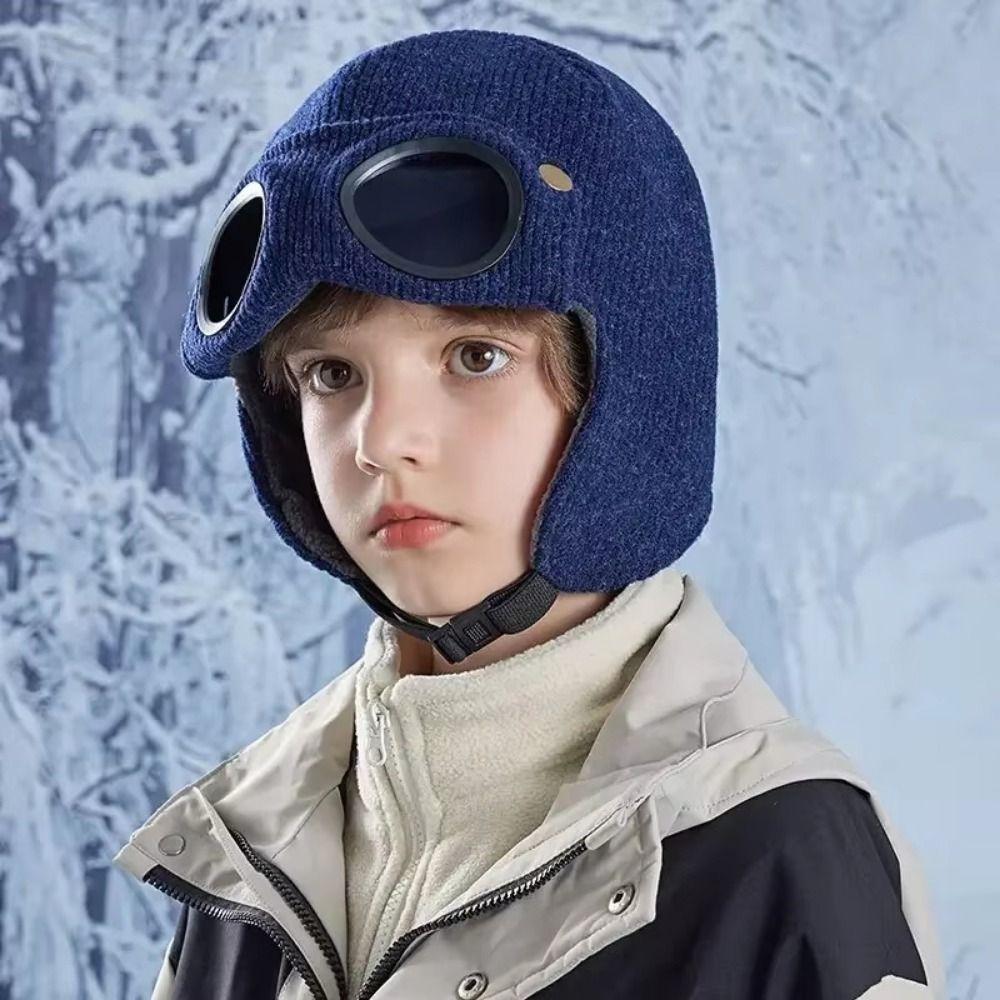 Neck Protection Warm Cap With Goggles Buckle Windproof Head Cover Kids Knitted Beanies Outdoor