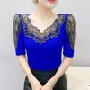New Summer Luxury Shiny Hot Diamonds Women's Embroidery Flower T-Shirt Elegant V-Neck Lace Patchwork Tops Female Transparent Mid-Sleeve Tees