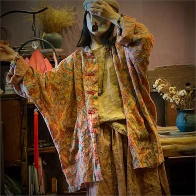 Женское повседневное свободное пальто в стиле ретро со снежинками и принтом, льняное винтажное осеннее пальто с длинными рукавами в китайском стиле