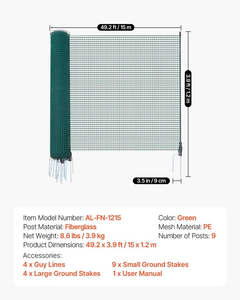 Temporary Fence with Posts, 1.2 x 15m Plastic Mesh Fencing, Garden Safety Fences Netting with Double-Spike Stakes & Guy Ropes, Temporary Fence for