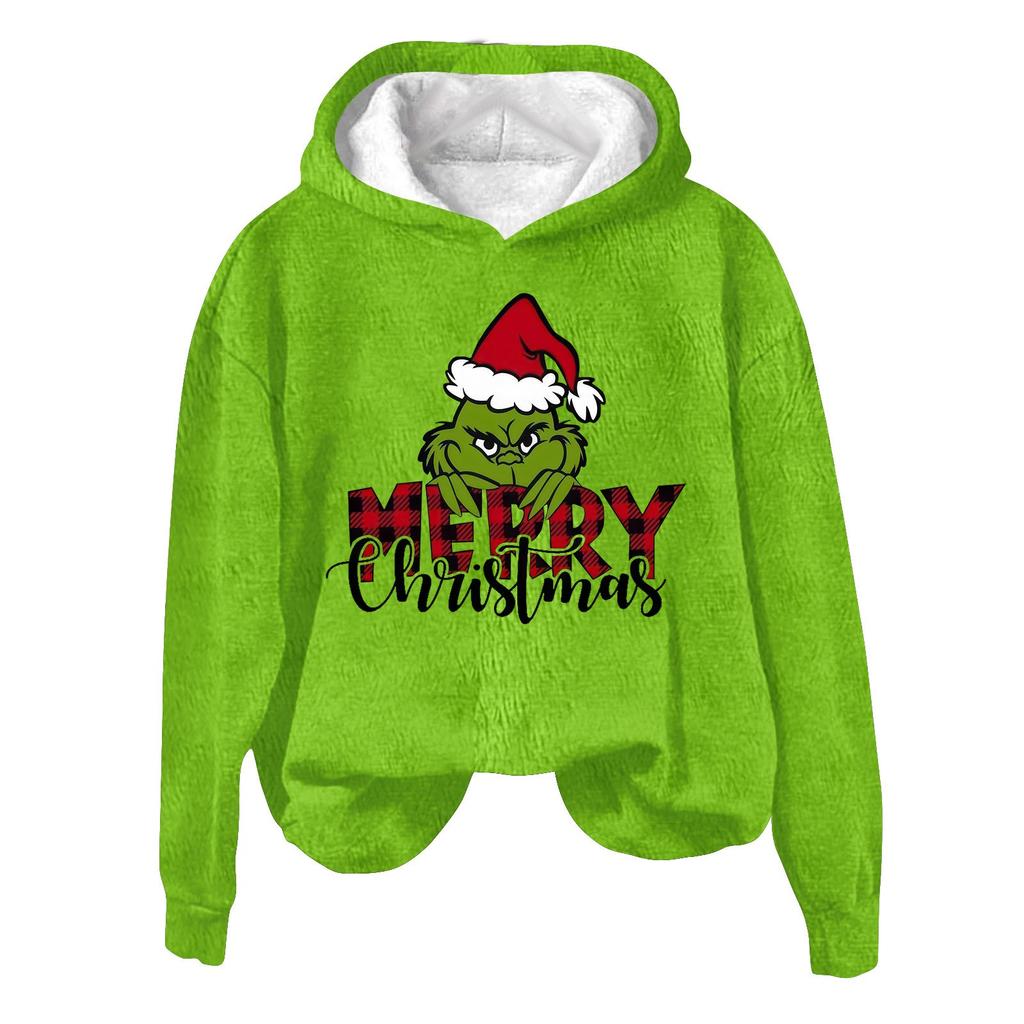 Женская модная повседневная толстовка с капюшоном и длинным рукавом из фланели с рождественским принтом