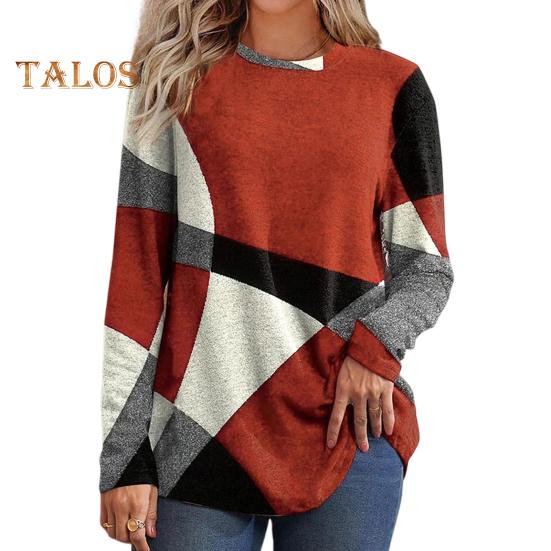 Женские топы с круглым вырезом и длинным рукавом, контрастный цвет, геометрический принт, свободная футболка, повседневные пуловеры, топы