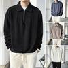 Men Fall Spring Top Half Zipper Turn-down Collar Corduroy Loose Vertical Striped Solid Color Long Sleeves Pullover Office Shirt for Commuting School