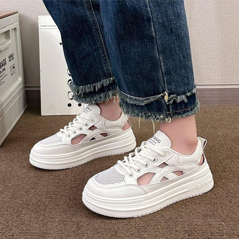 2024 Женская обувь Новые толстые подошвы сетчатые спортивные повседневные кроссовки сандалии белые плоские туфли на полой доске со шнуровкой на платформе теннис