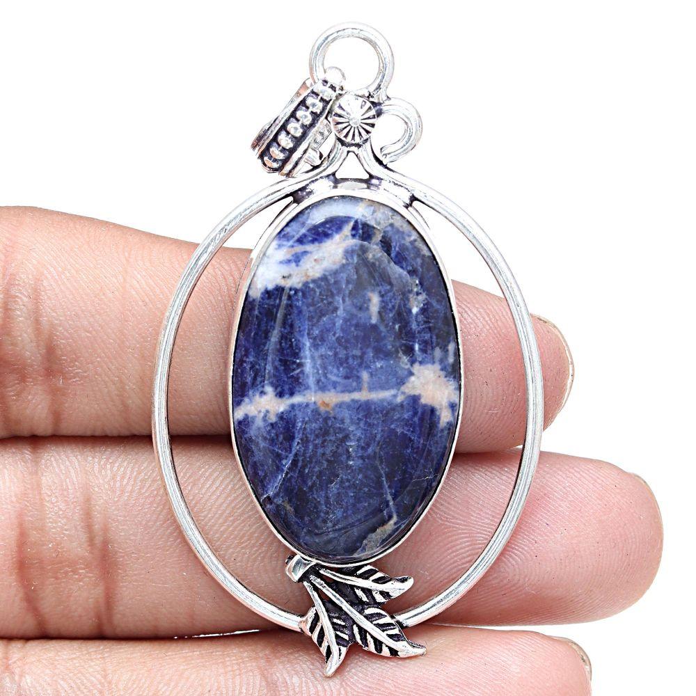 Necklace Blue Sodalite Gemstone Handmade Antique Silver Jewelry 2.5"