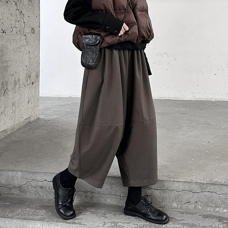 Johnature Casual Pants Women Fashion Simple Versatile Autumn Winter Solid Color Elasticated Waist Cropped Harem Pants