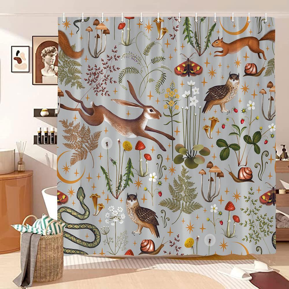 Mushroom Shower Curtain Retro Butterfly Floral Boho Moon Botanical Wildflowers Green Plant Aesthetic Bath Curtain Bathroom Decor