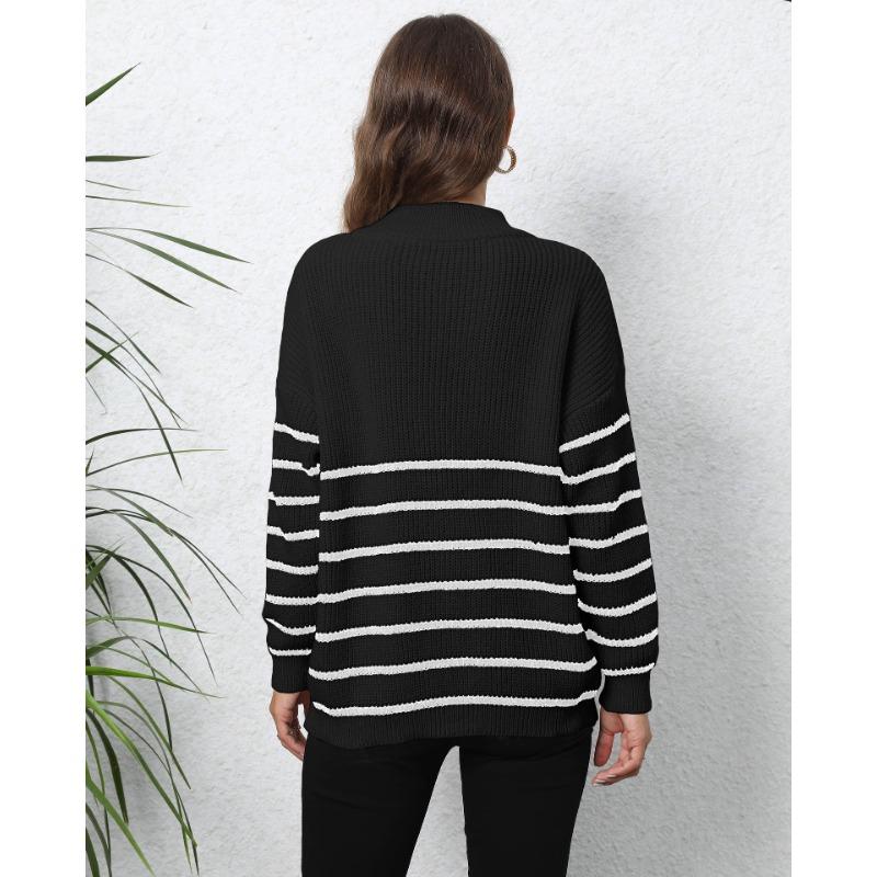 Женский свитер в полоску, лоскутное шитье, свободный свитер с высокой горловиной и застежкой-молнией