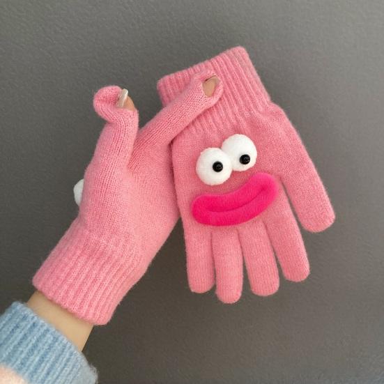 Забавные мультяшные вязаные перчатки, милые перчатки с большими глазами, теплые перчатки, зимние ребристые перчатки с сенсорным экраном для вождения, поездок на работу, езды на велосипеде, повседневных дел