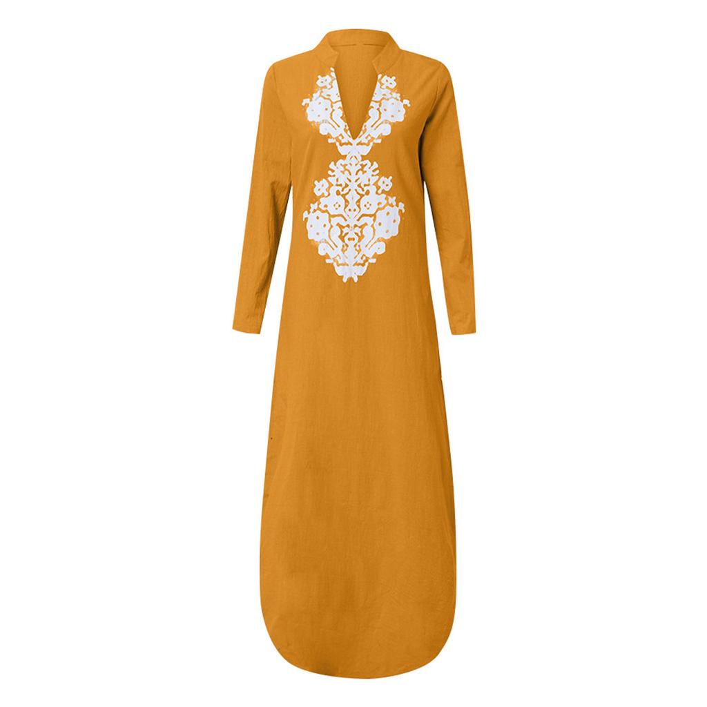 Женское платье с длинными рукавами с v-образным вырезом и принтом, свободное тонкое платье из хлопка и льна