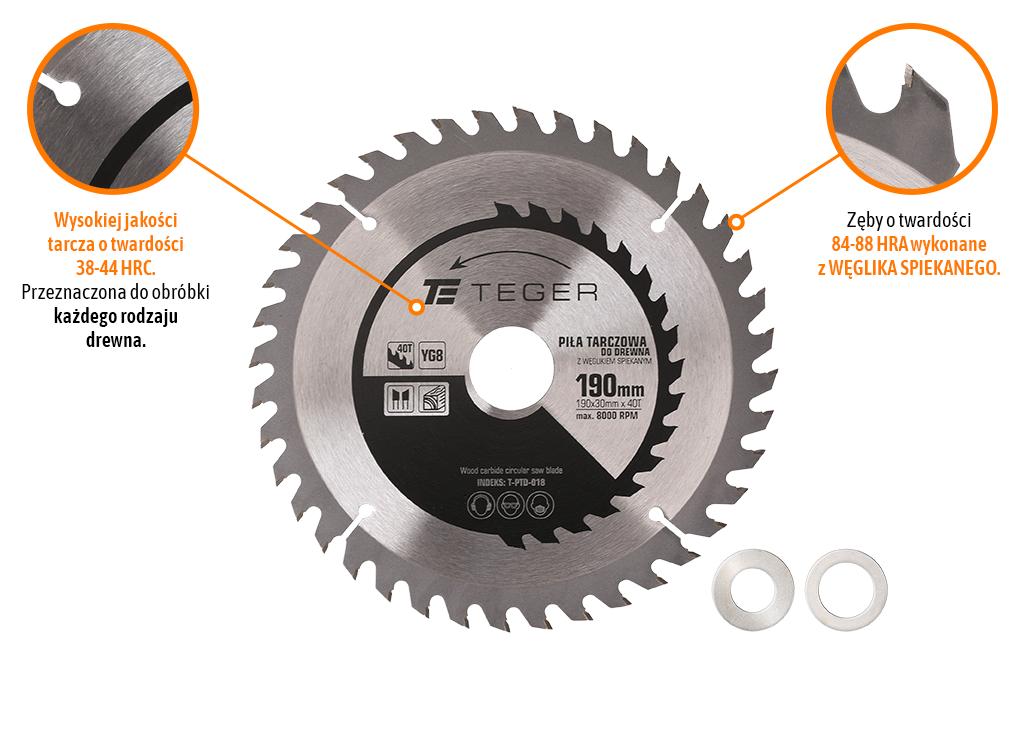 TEGER 190x30 40T carbide-tipped wood saw blade - ATB, 1.4/2.4 , with reduction rings (30/20,30/16)