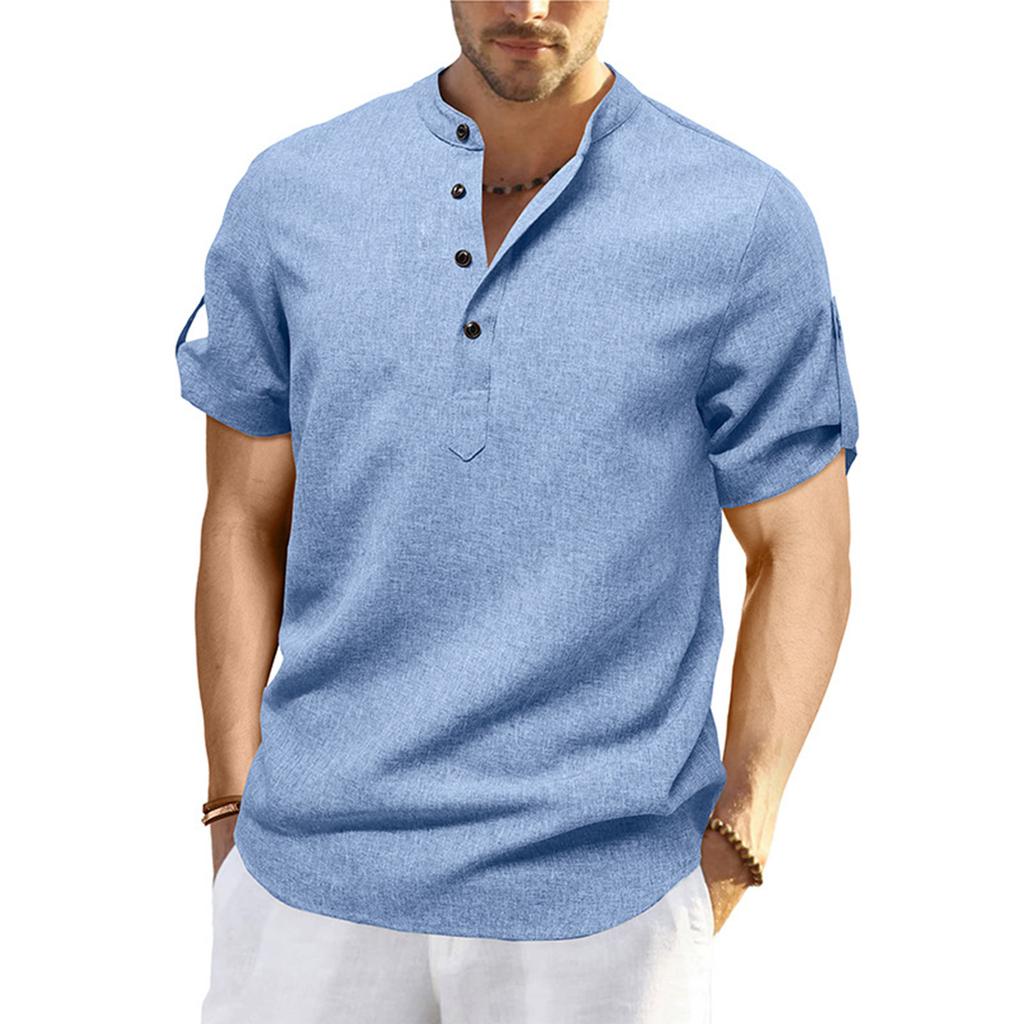 Мужская повседневная рубашка с короткими рукавами и воротником-стойкой, модная