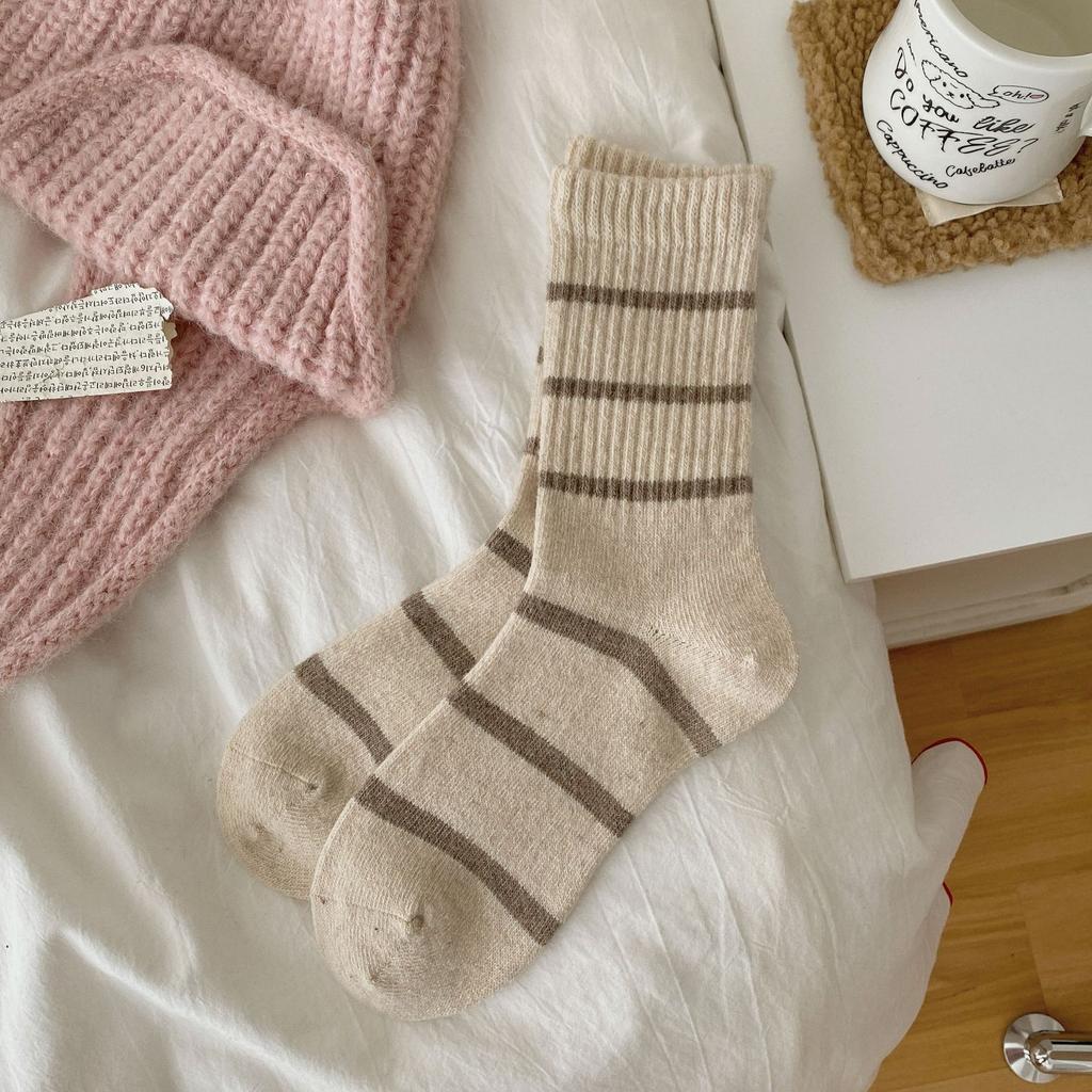 Ladies Autumn and Winter Thickened Warm Versatile Simple Contrast Color Striped Wool Tube Pile Socks