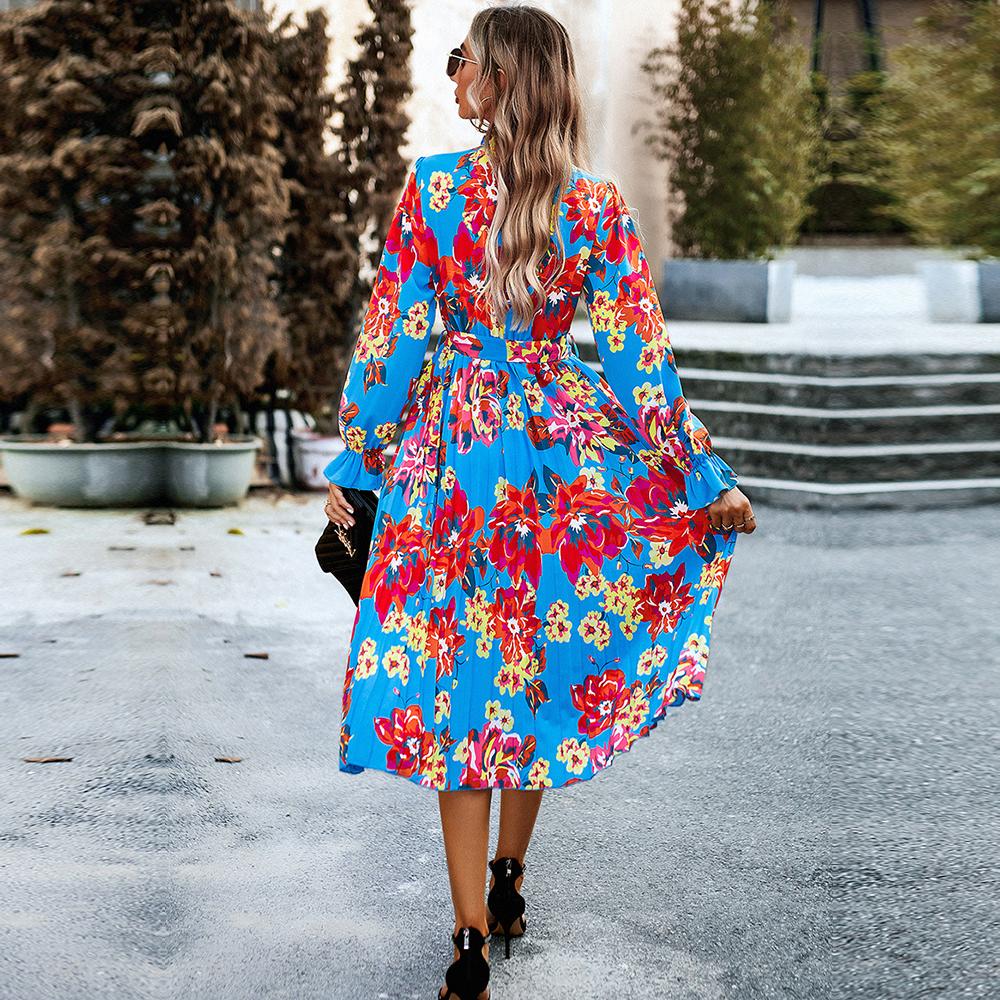 Осенне-зимнее женское плиссированное длинное платье для отдыха с круглым вырезом и длинными рукавами с принтом