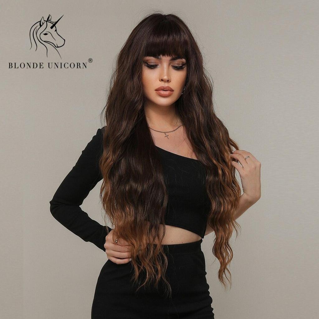 BLONDE UNICORN Синтетические длинные волнистые парики с омбре медово-коричневого цвета с челкой для женщин, термостойкие волосы для повседневного использования для косплея