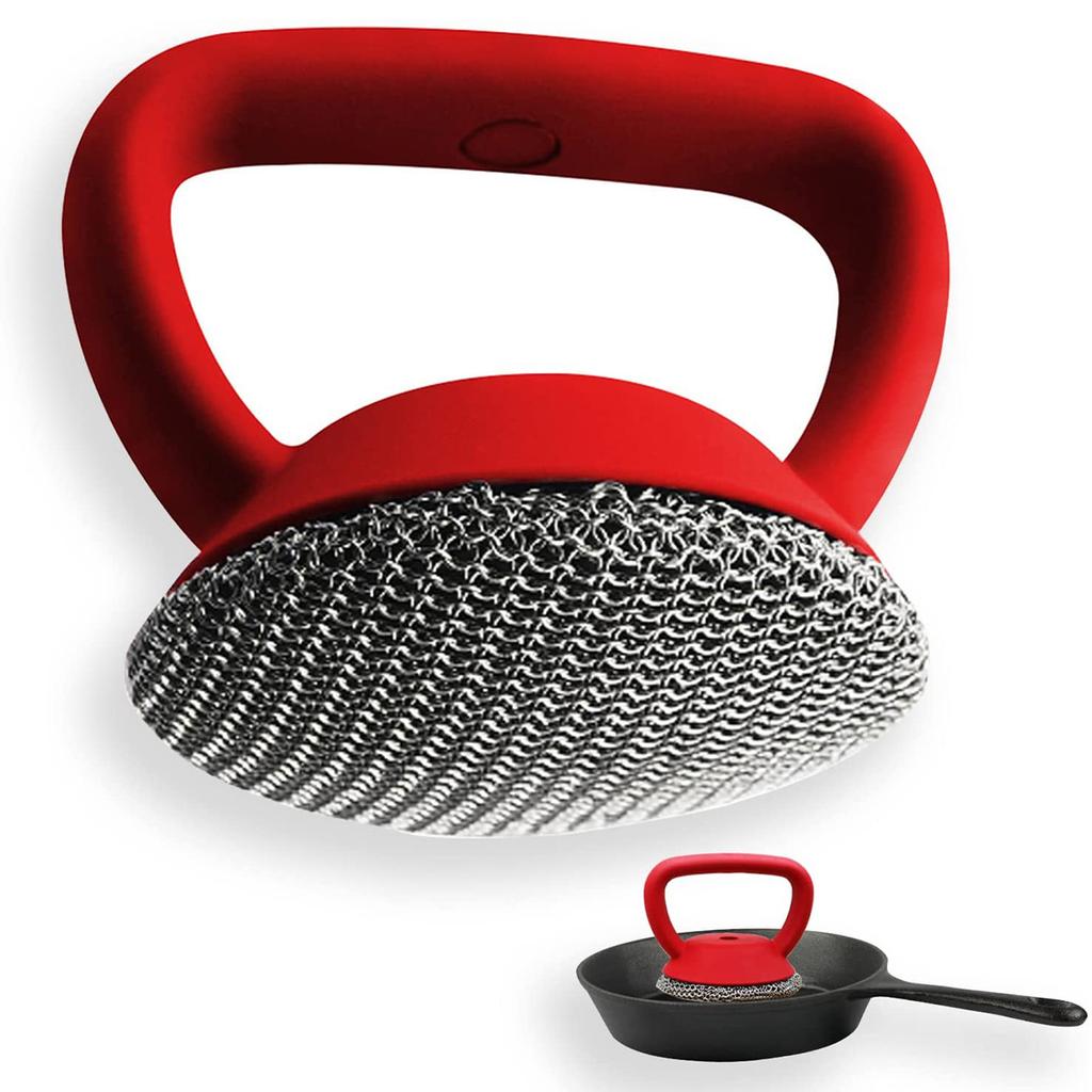 Cast Iron Scrubber 316 Stainless Steel Cast Iron Scrubber with Handle Steel Wool Scrubber Round Chainmail Scrubber Brush