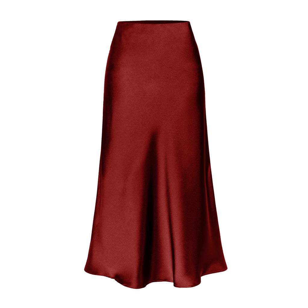 Womens Satin Silk High Waist Slit Midi Skirt Elastic Waistband Midi Skirts for Women