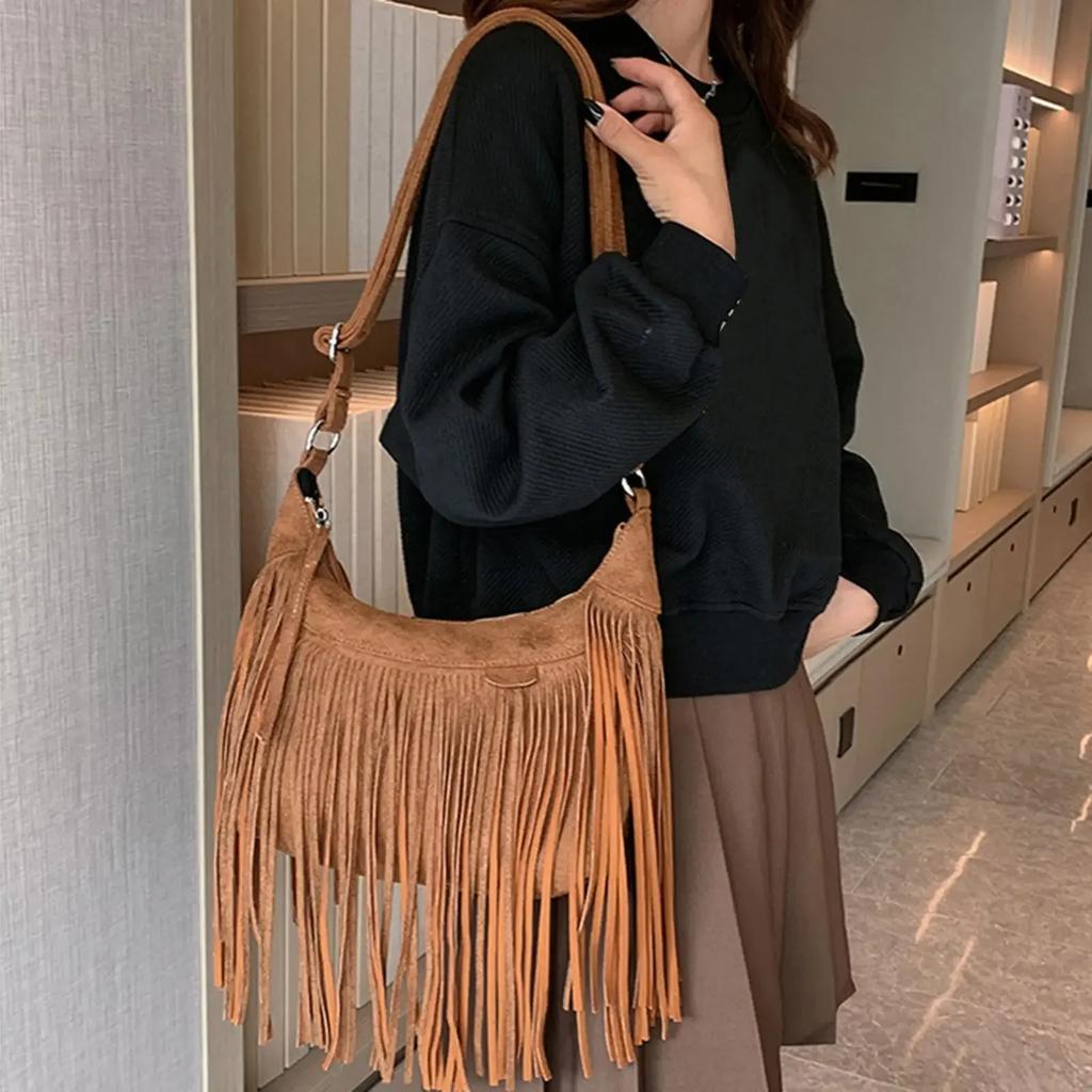Large Retro Fringed Handbag Totes Bag PU Messenger Bag Zipper Soft Ethnic Style Women’s Fringed Leather Shoulder Bag