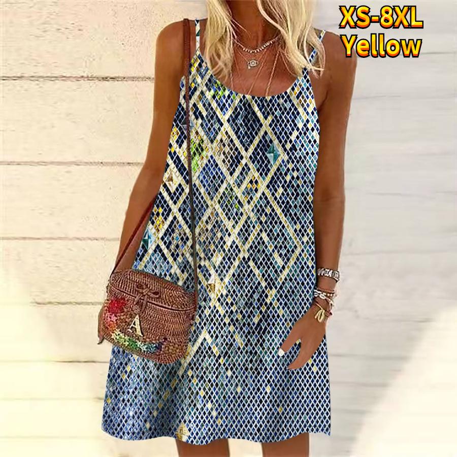 Women Flower Patterned Sequin Diamond Lattice Printed Mini Dress Sleeveless Party Dress Summer Beach Dress Sundress