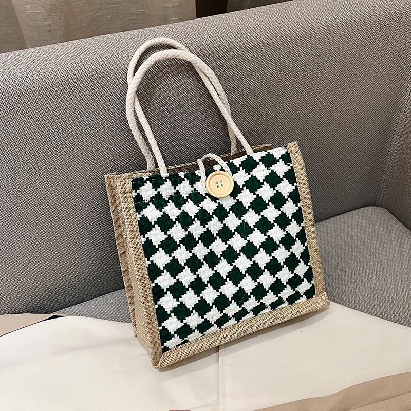 Клетчатая льняная холщовая сумка на одно плечо, сумка-тоут, классическая сумка для покупок, сумка-шоппинг в стиле ретро в стиле знаменитостей из Интернета, женская сумка в стиле ретро