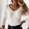 Блузка в рубчик с V-образным вырезом и длинными рукавами, однотонная облегающая осень-зима