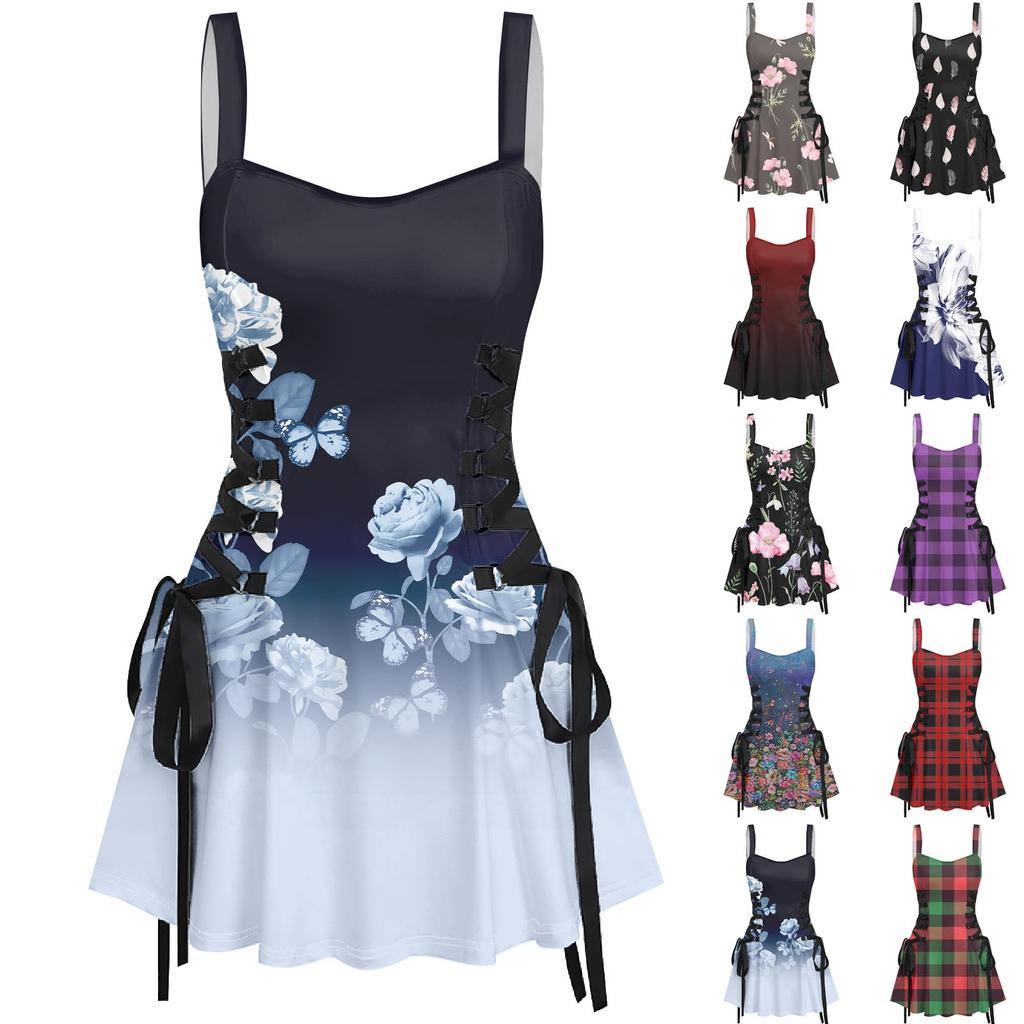 Женское повседневное модное обычное печатное сексуальное короткое платье на бретелях в стиле ретро, юбка в стиле ретро