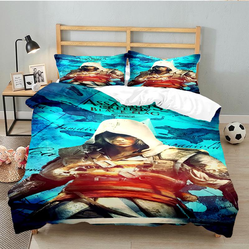3PCS Assassin-Creed Bedding Set Printed Duvet Cover Closure Includes 1 Duvet Cover & 2 Pillowcases for All Seasons Bedroom Decor