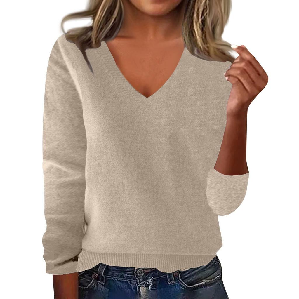 Women's Fashion Loose V-Neck Long Sleeve Bottom Shirt Top Knitted Sweater