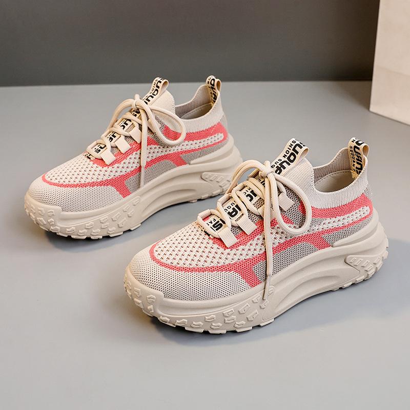 Мода 2024 года, новые повседневные дышащие кроссовки Fly Woven Mesh в корейском стиле с толстой подошвой, сетчатые красные туфли, легкие кроссовки для бега
