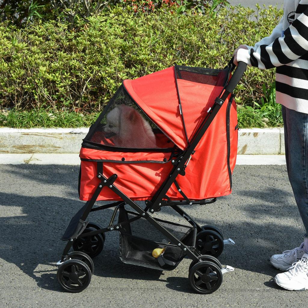 Pet Stroller Pushchair Foldable Travel Dog Cat Carriage w/ Reversible Handle Brake Basket