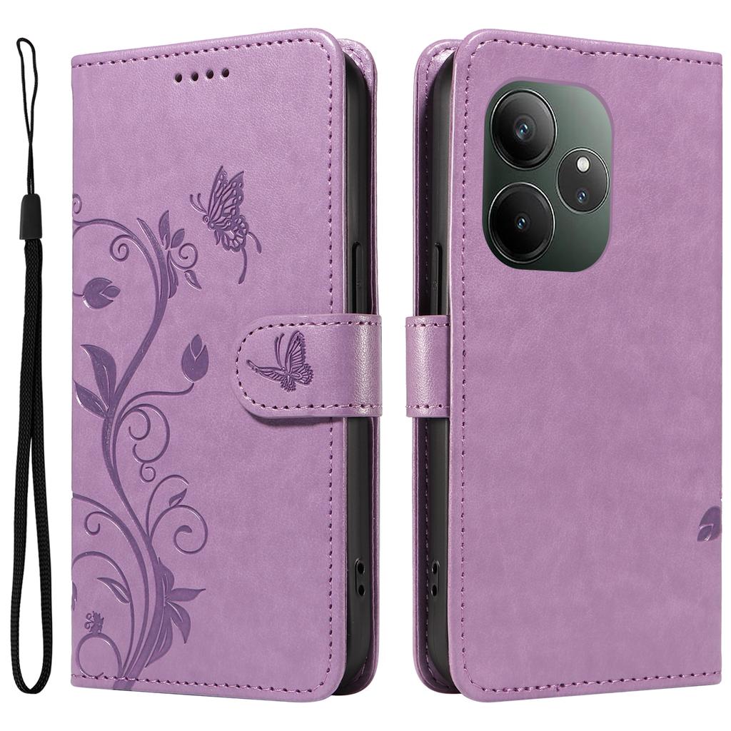 For Realme GT 6 5G PU Leather Cases Flower Pattern Wallet Stand Phone Cover with Strap