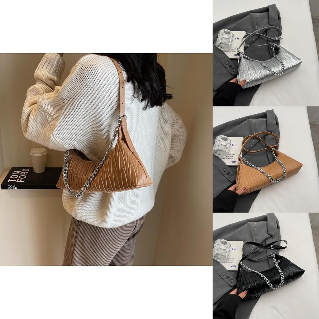 Stylish Korean Women's Pleated Shoulder Bag 2023 Trendy Pu Leather Chain Strap