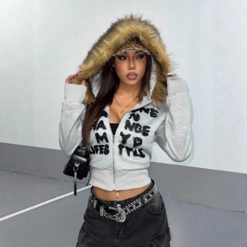 Womens Oversized Hooded Cropped Sweatshirt With Fuzzy Brown Trim Streetwear Pullover Top