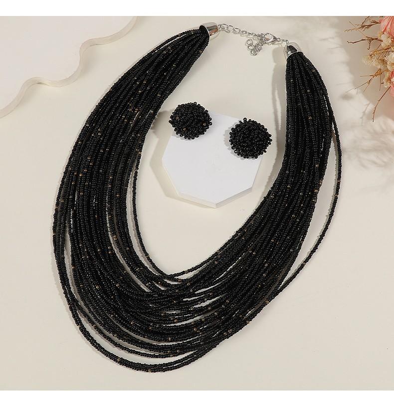 Богемный Многослойный Набор Серьги-Ожерелье из Рисового Бисера Ретро Этнический Стиль Цепочка на Свитер Женские Многослойные Украшения