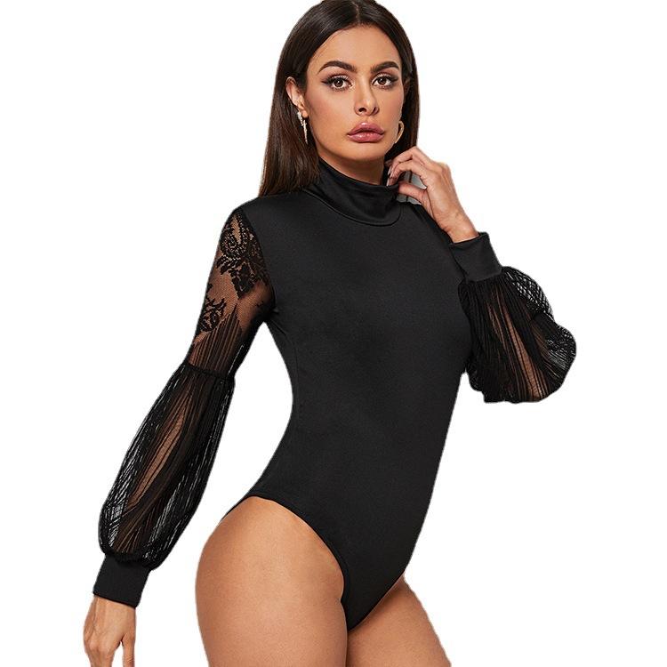 Spring Summer Lace Splice Slim Fit Black Bodysuit Fashion Long Sleeve One Piece Jumpsuit Women Rompers