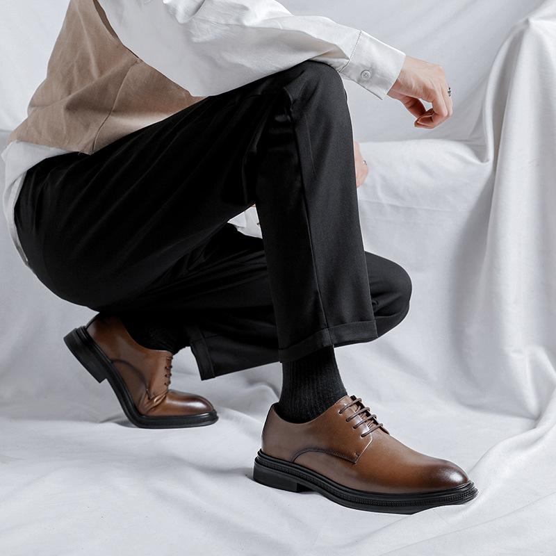 Мужские остроносые кожаные туфли, деловые, повседневные, под костюм, коричневые, в британском стиле, трендовые, дерби, дышащие, 19932-F