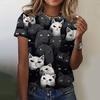 Women Cute Cat Flower Graphic Print Casual Short Sleeve Summer Street Fashion Tops Outdoor