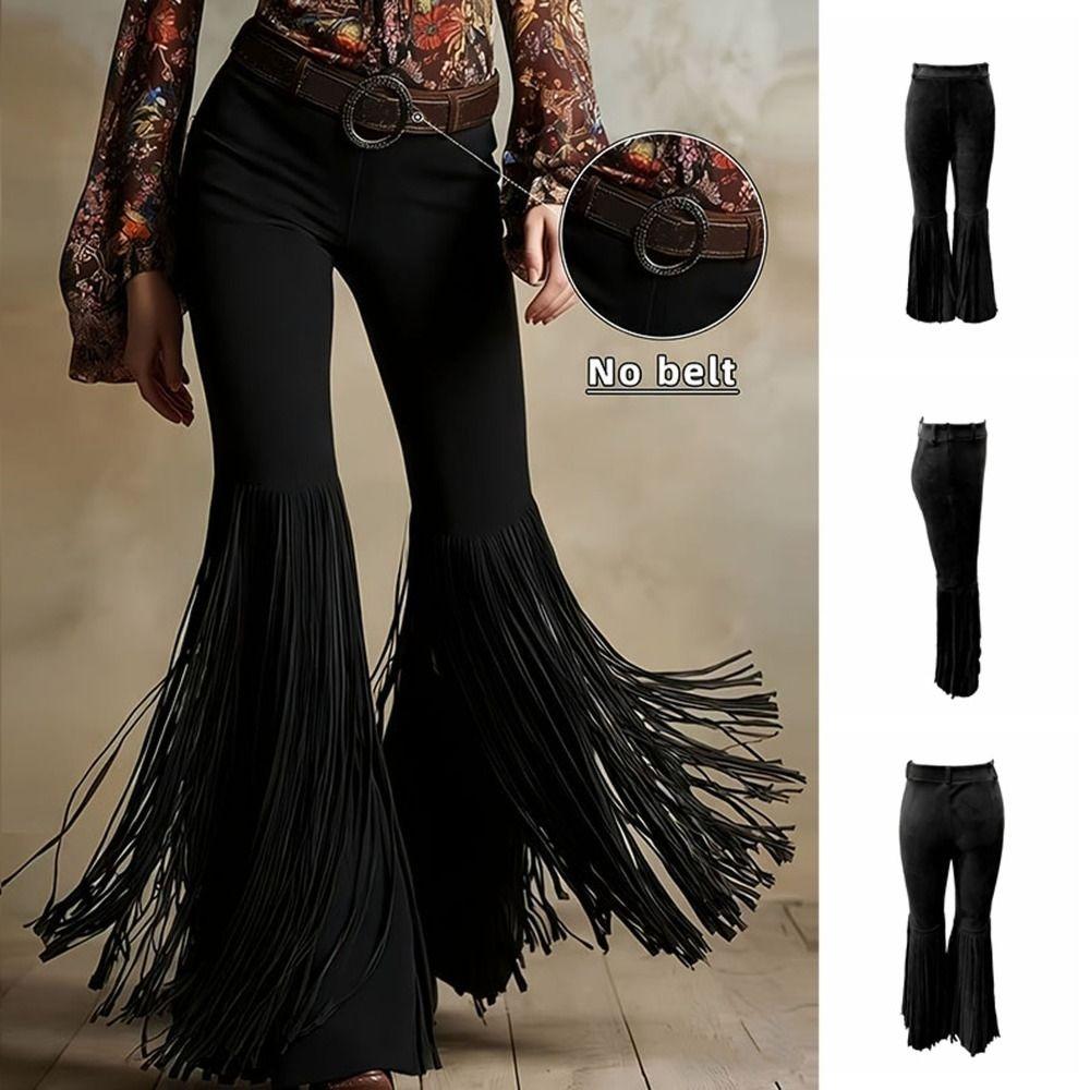 Solid Color Suede Tassel Pants Fringe Hem Slim Fit Flare Pants Retro High Waist Trousers Party