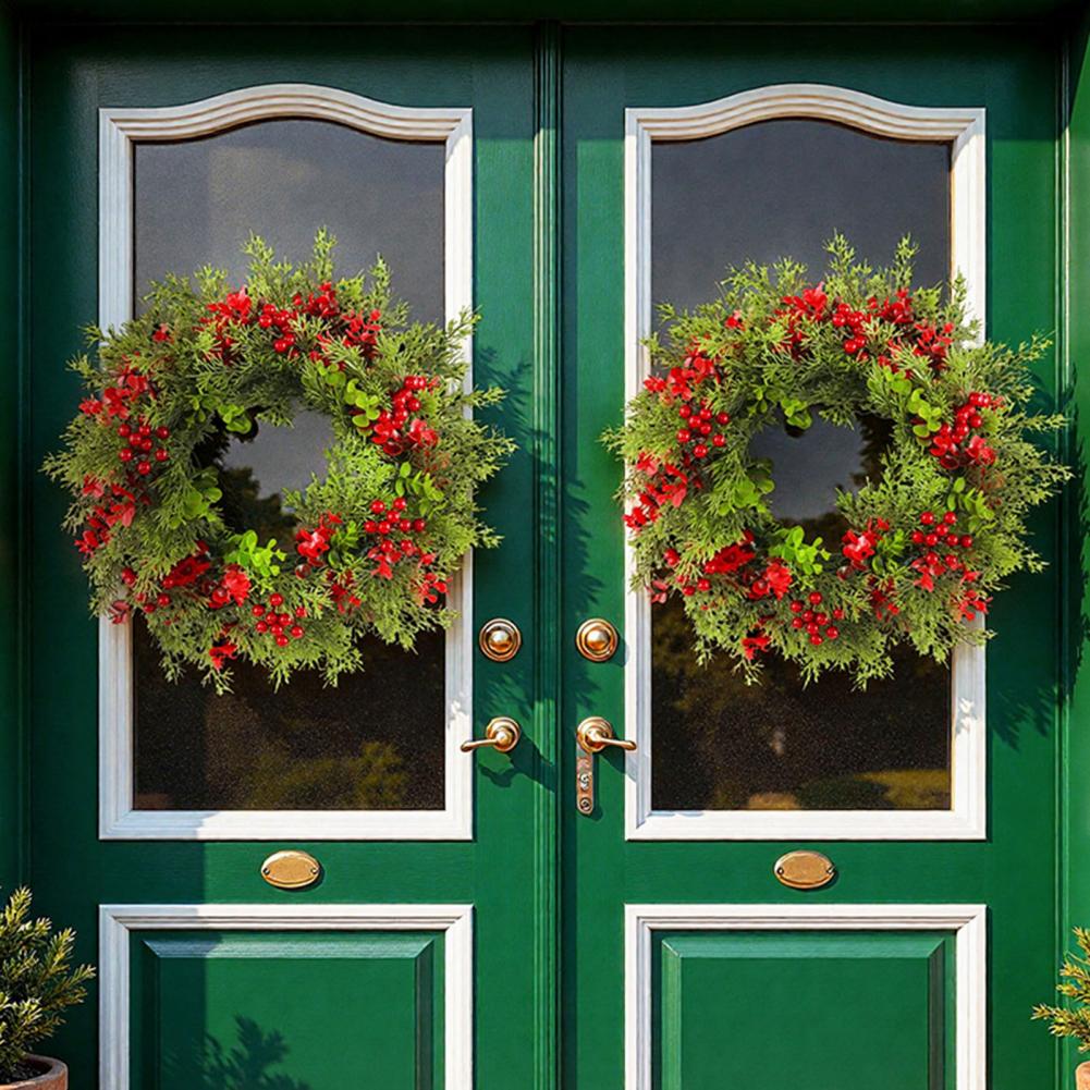 16 Inch Christmas Wreath with Red Berries Artificial Eucalyptus And Leaf Wreath for Holiday Front Door Wall Home Decor