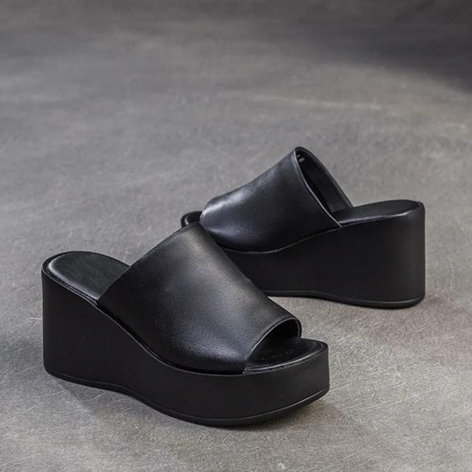 Johnature Увеличивающие рост легкие уличные тапочки на танкетке из натуральной кожи с открытым носком повседневная женская обувь