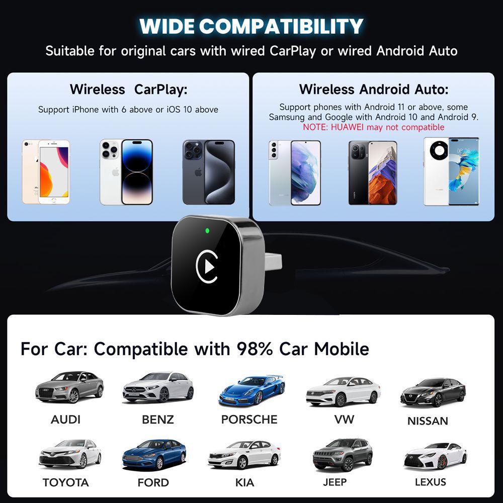 Самый продаваемый беспроводной адаптер CarPlay и Android: Подключи и играй, Обновления по воздуху (OTA), Совместимо с 98% автомобилей
