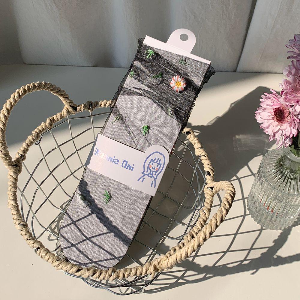 Kawaii Socks Women Summer Ultra-thin Transparent Loose Long Socks Floral Embroidery JK Lolita Sweet Girls Cute Mesh Lace Socks