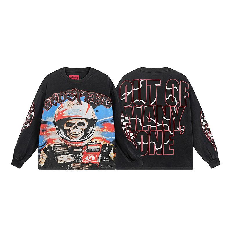 Mens Oversized Cotton Long Sleeve Tee With Skull Graphic Print Streetwear Rock Band Style Loose Fit Teens Adults