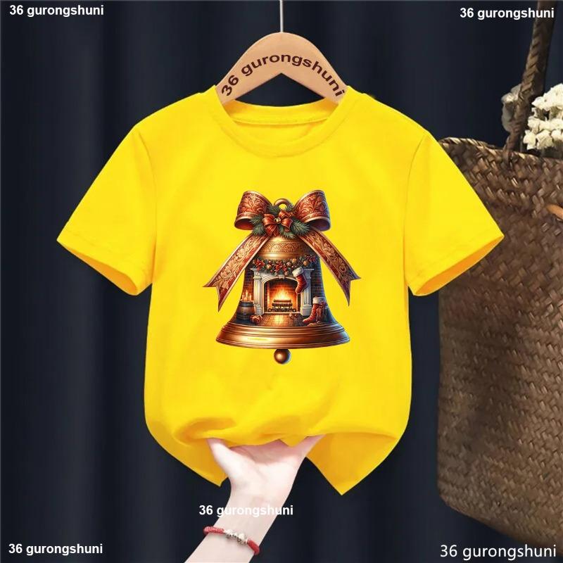 Рождественский подарок Детская одежда Рождественский колокольчик Санта Клаус едет на оленях Футболка с принтом для девочек/мальчиков Забавная однотонная футболка Топы
