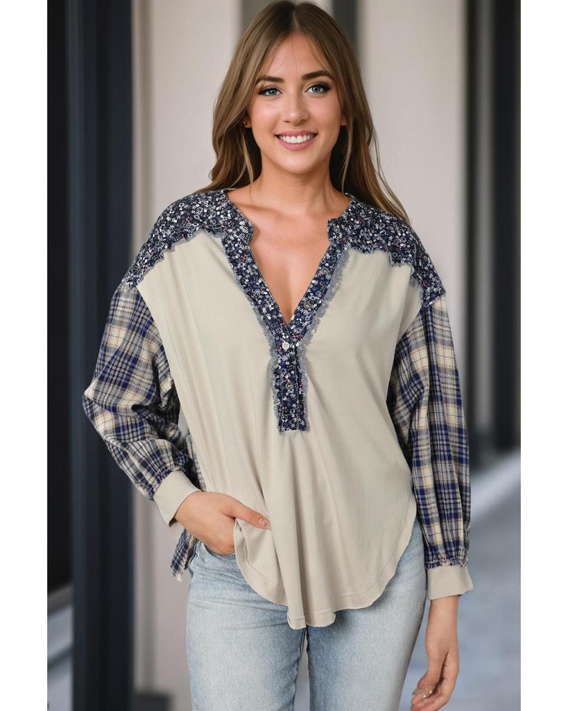 Azura Exchange Blue Floral Plaid Mixed Print Bishop Sleeve Patchwork Top