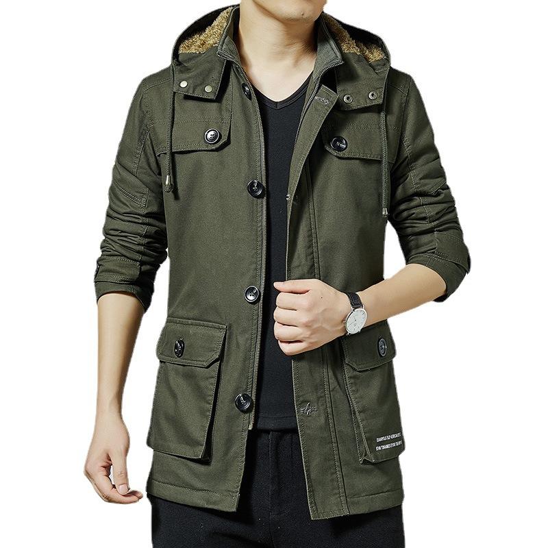 Осень и зима, новая корейская версия повседневной мужской куртки, ворсистый и утолщенный, вымытый чистый хлопок, средний и длинный тренчкот для мужчин